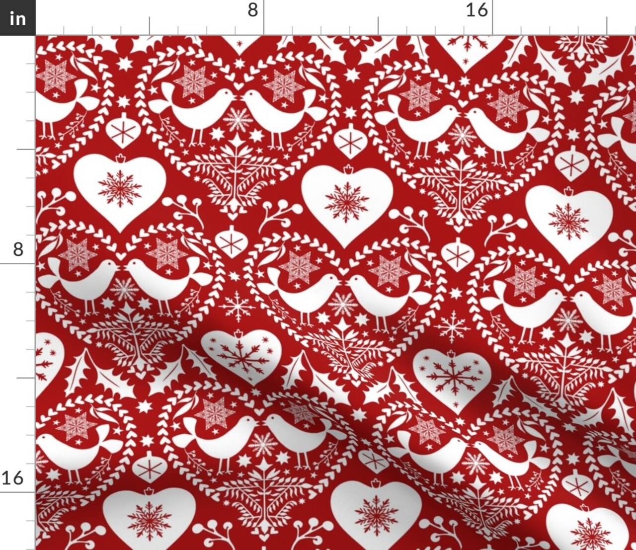 Scandinavian Birds Hearts Holidays Christmas Nordic Folk Art Classic Traditional Red And White Folk Art Christmas Primitive Holly Leaves Stars Custom Printed Fabric by Spoonflower Various Fabrics by the Yard or Fat Quarter